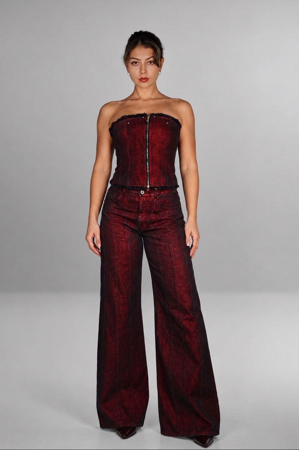 WOMEN’S BURGUNDY WIDE-FLARE JEANS